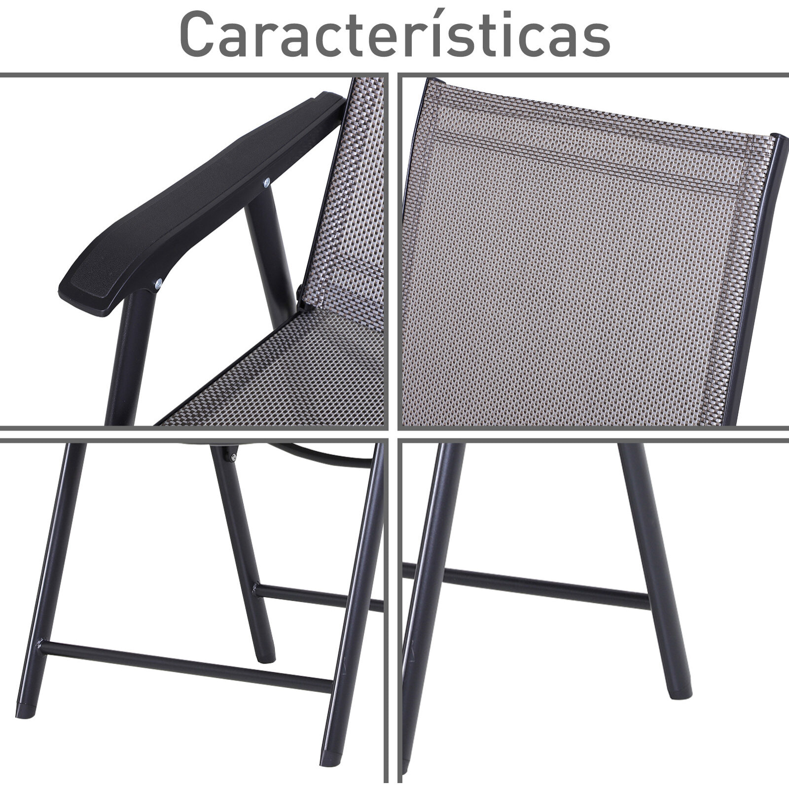 Conjunto de 2 Sillas Plegables para Exterior Con Reposabrazos Sillas para Balcones Jardín Terraza Metal Texteline Carga 110kg 58x64x94 cm Gris