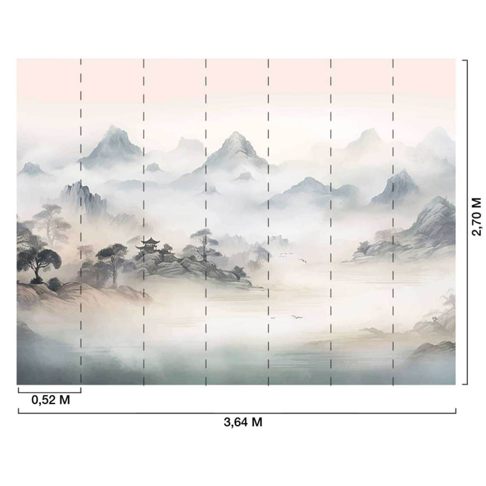 Papier peint paysage montagne brume asiatique aquarelle zen Intissé