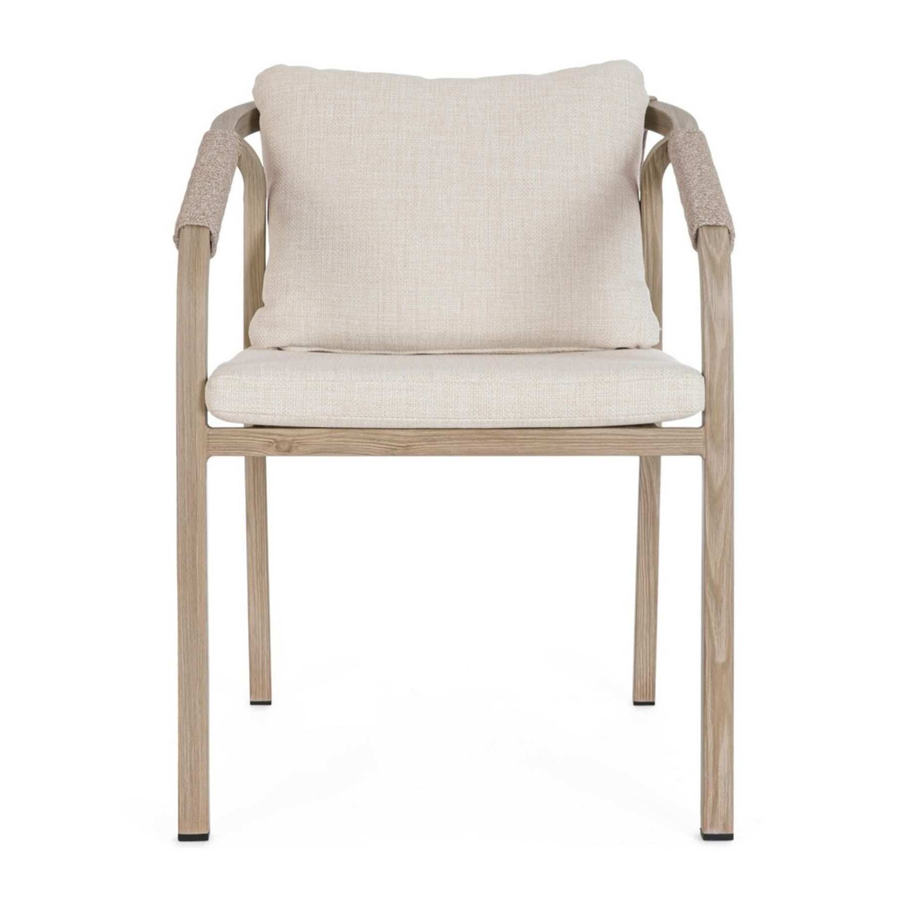 Set 4 sedie da giardino ALVOR con cuscini, intreccio in corda e struttura in alluminio effetto legno