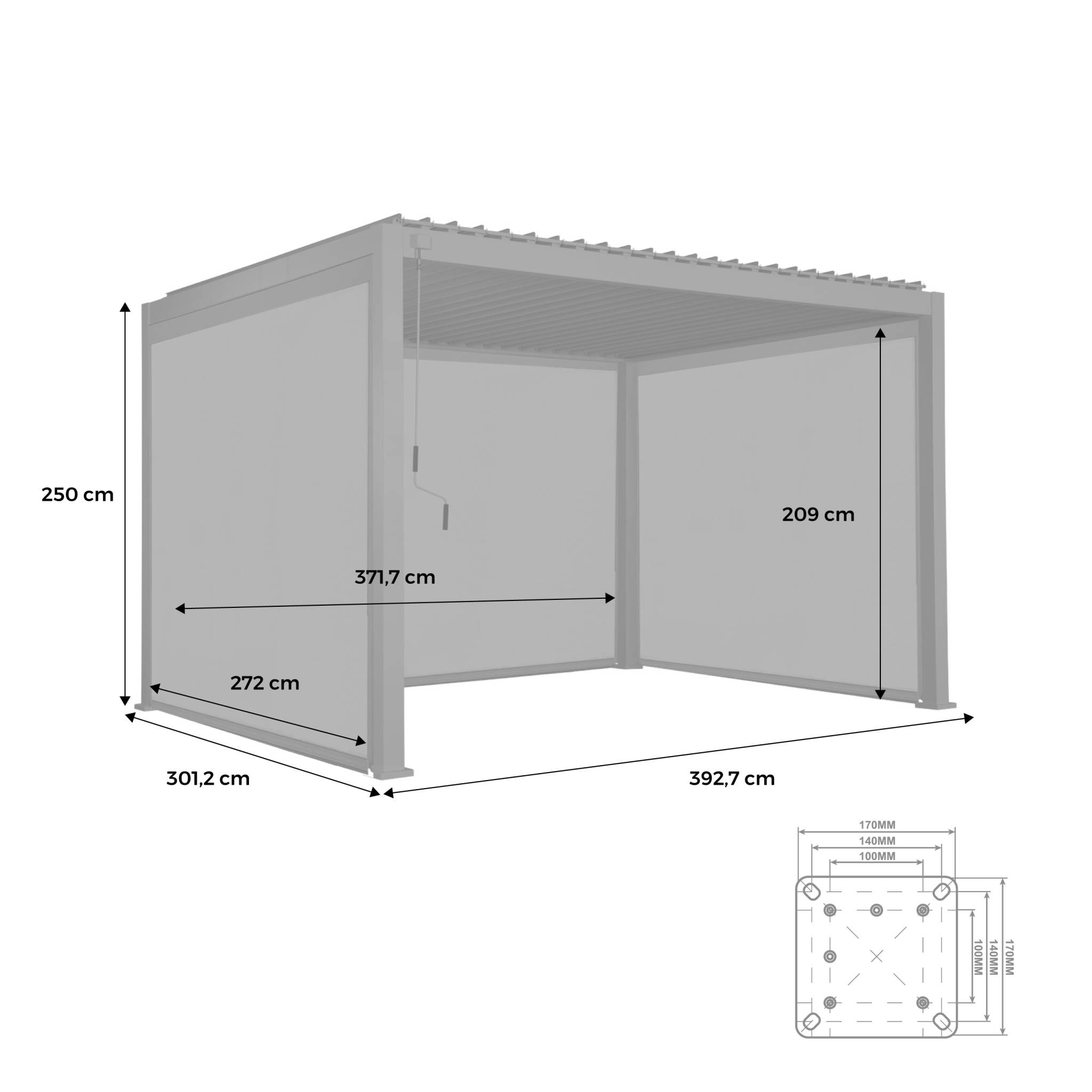 Pergola bioclimatique en aluminium. lames orientables 3x4m + 2 stores 3m + 1 store 4m TRIOMPHE anthracite