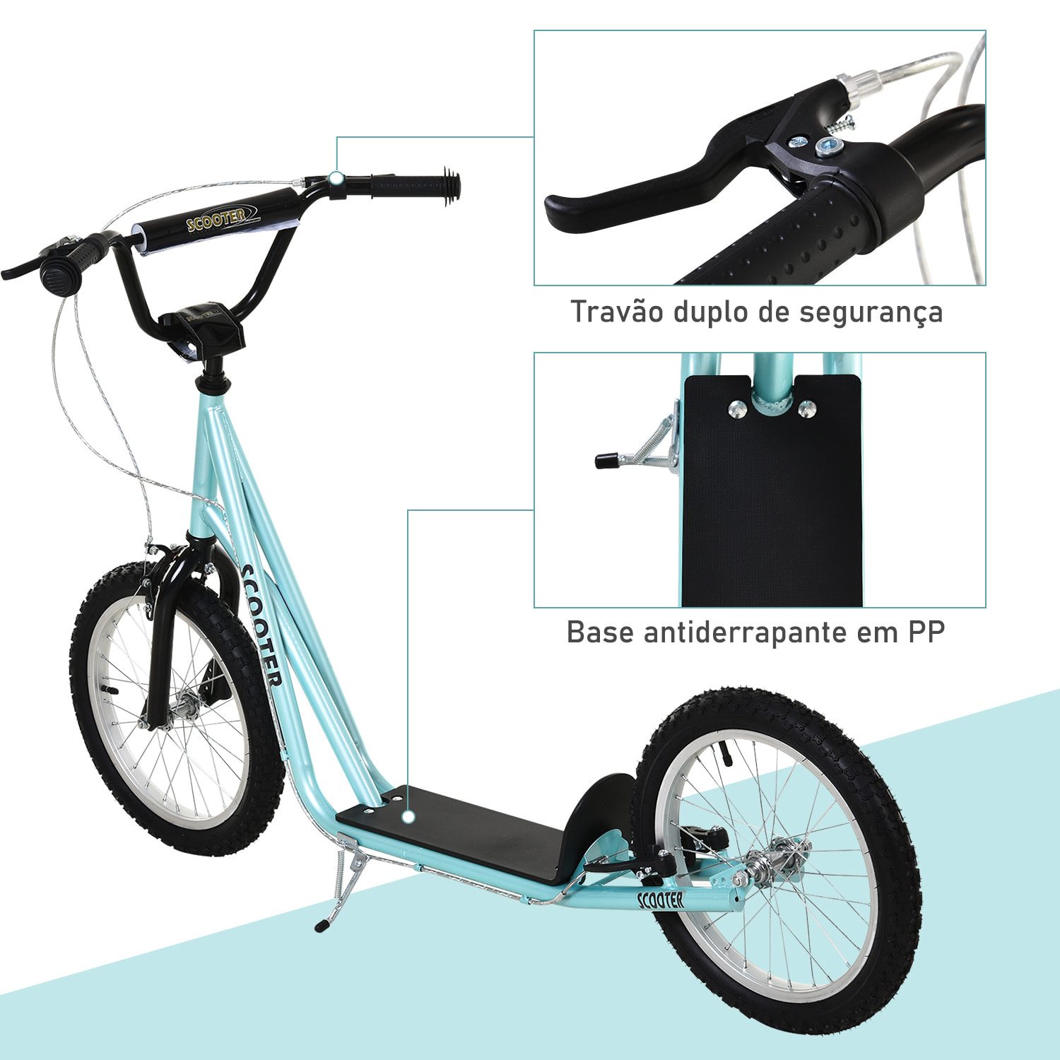 Patinete para Niños +5 Años, Patinete Infantil de 2 Ruedas, con Manillar Ajustable en Altura, 2 Neumáticos de Caucho Inflable, Doble Freno, Carga 100 kg, 139x58x90-96 cm, Azul Claro