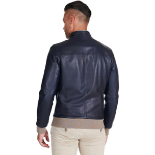 Giubbotto bomber in pelle naturale blu lana a contrasto beige