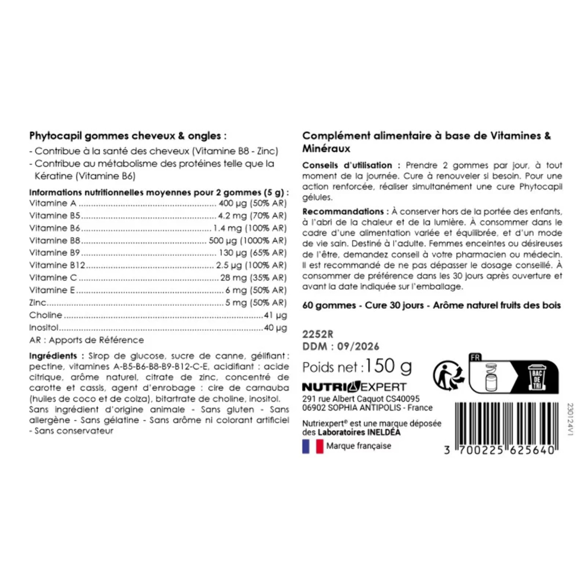 NUTRI EXPERT - Phytocapil - Cheveux & Ongles - Biotine, Zinc & Vitamines B, C & E - Brillance & Souplesse - Végan & Sans Gluten - 60 gommes