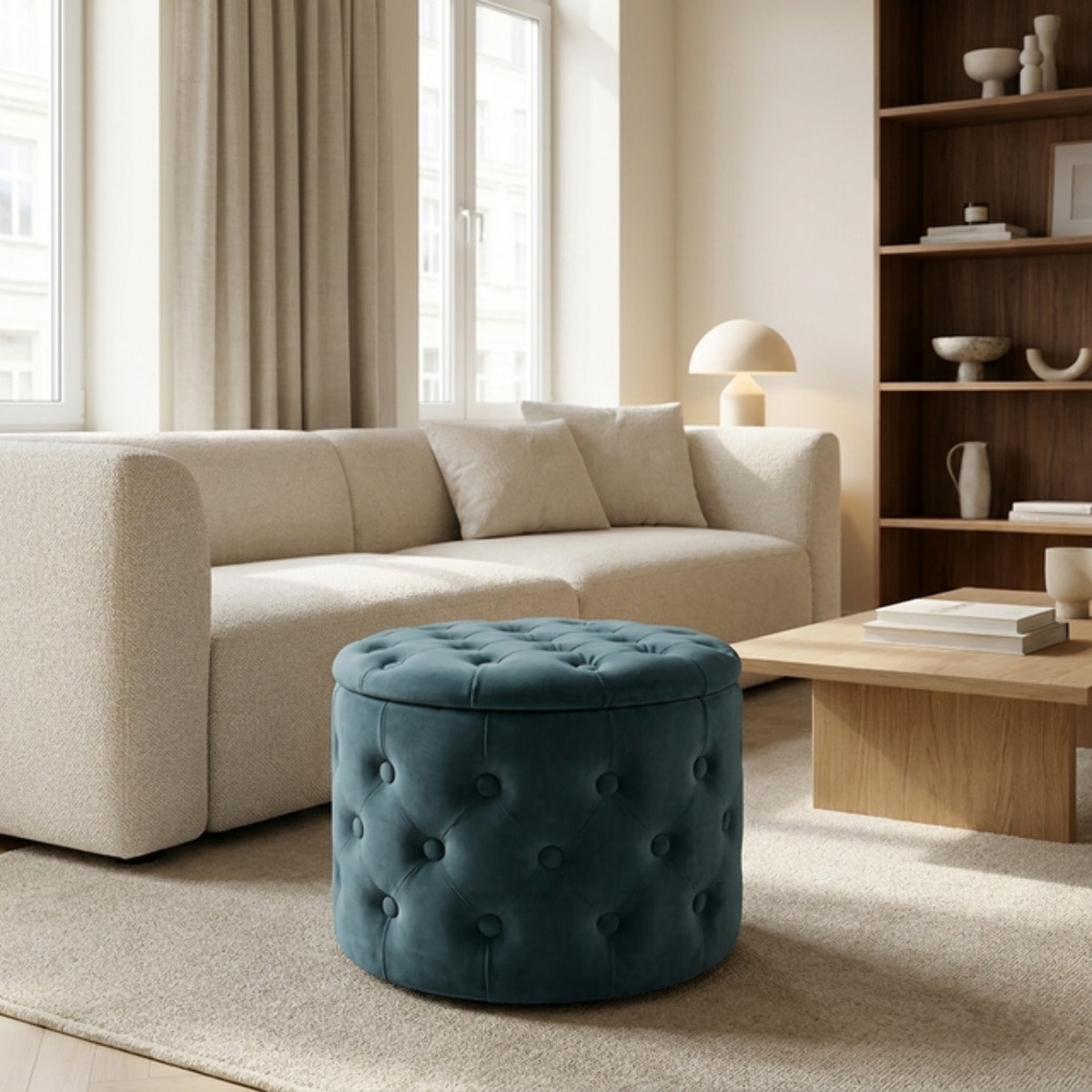 Pouf contenitore rotondo in velluto trapuntato Ø54x40 cm, pouf imbottito con vano portaoggetti e coperchio, design Chesterfield elegante per salotto camera da letto ingresso, seduta decorativa con tasche interne