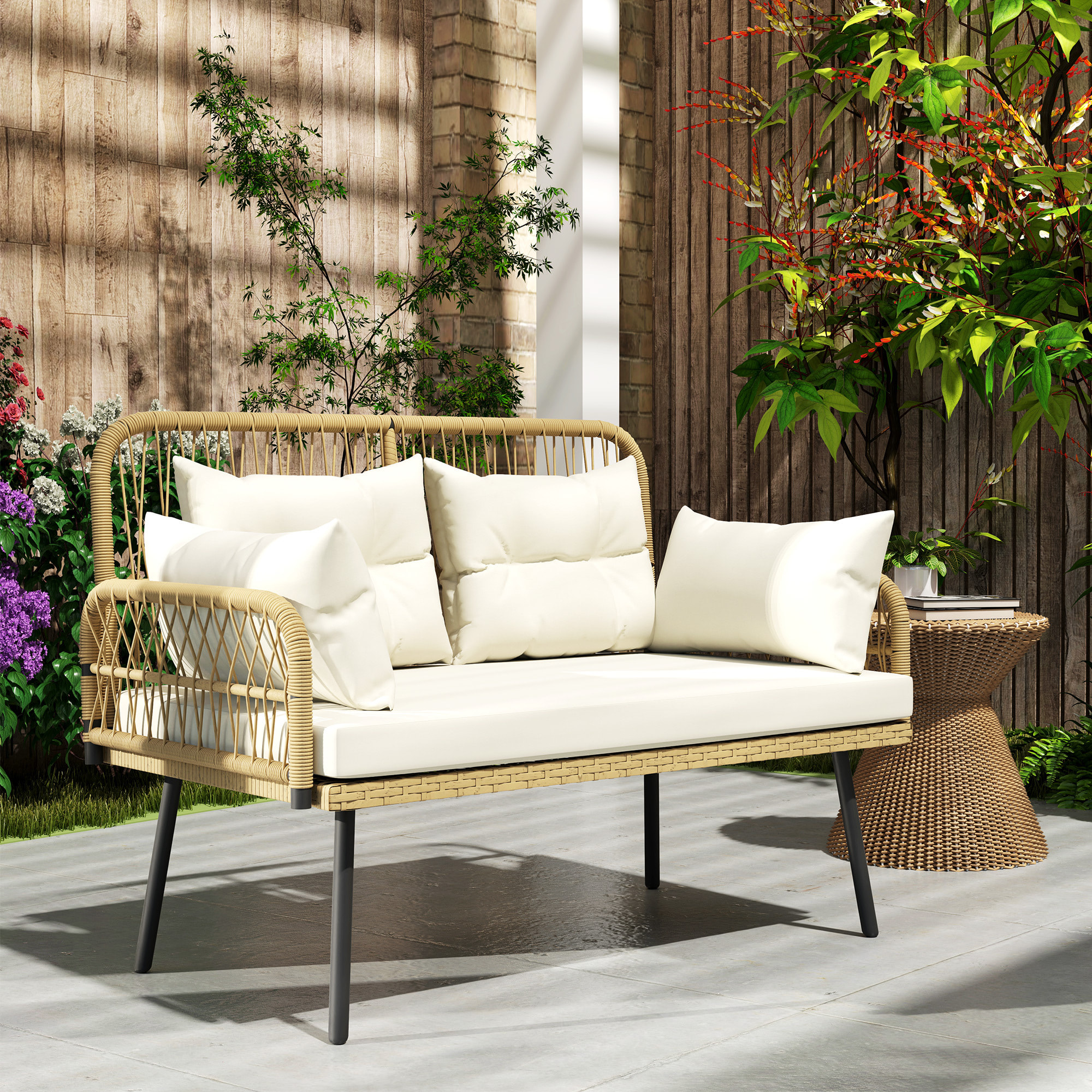 Canapé de jardin 2 places style colonial 5 coussins beige résine tressée aspect rotin