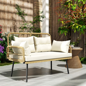 Canapé de jardin 2 places style colonial 5 coussins beige résine tressée aspect rotin