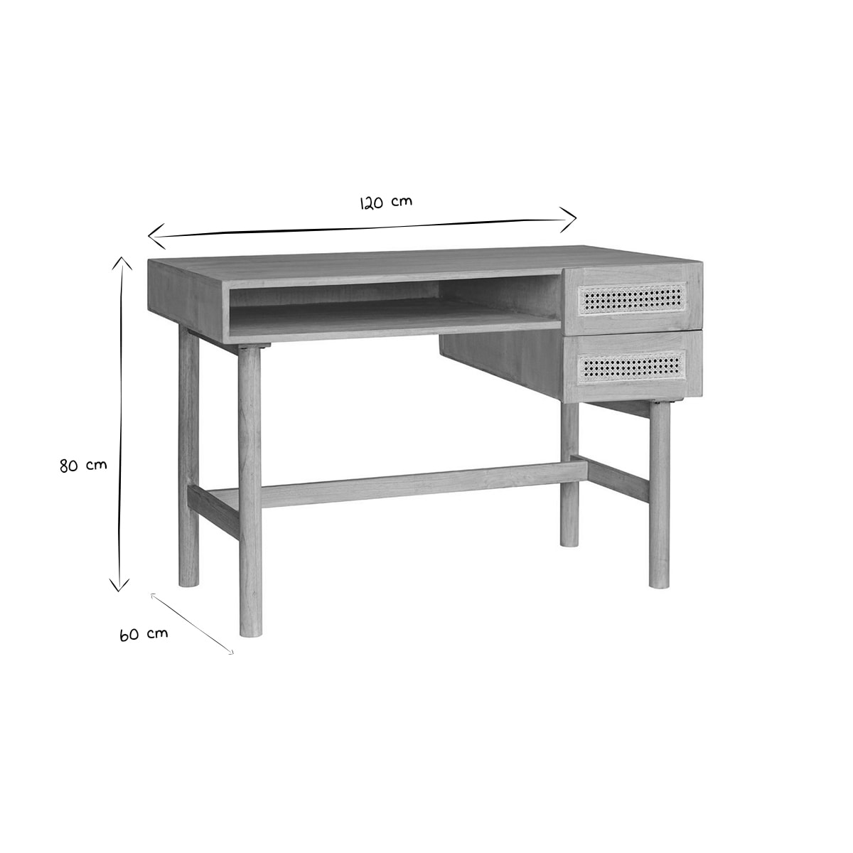 Bureau avec rangements 2 tiroirs bois clair et cannage rotin L120 cm GALINA