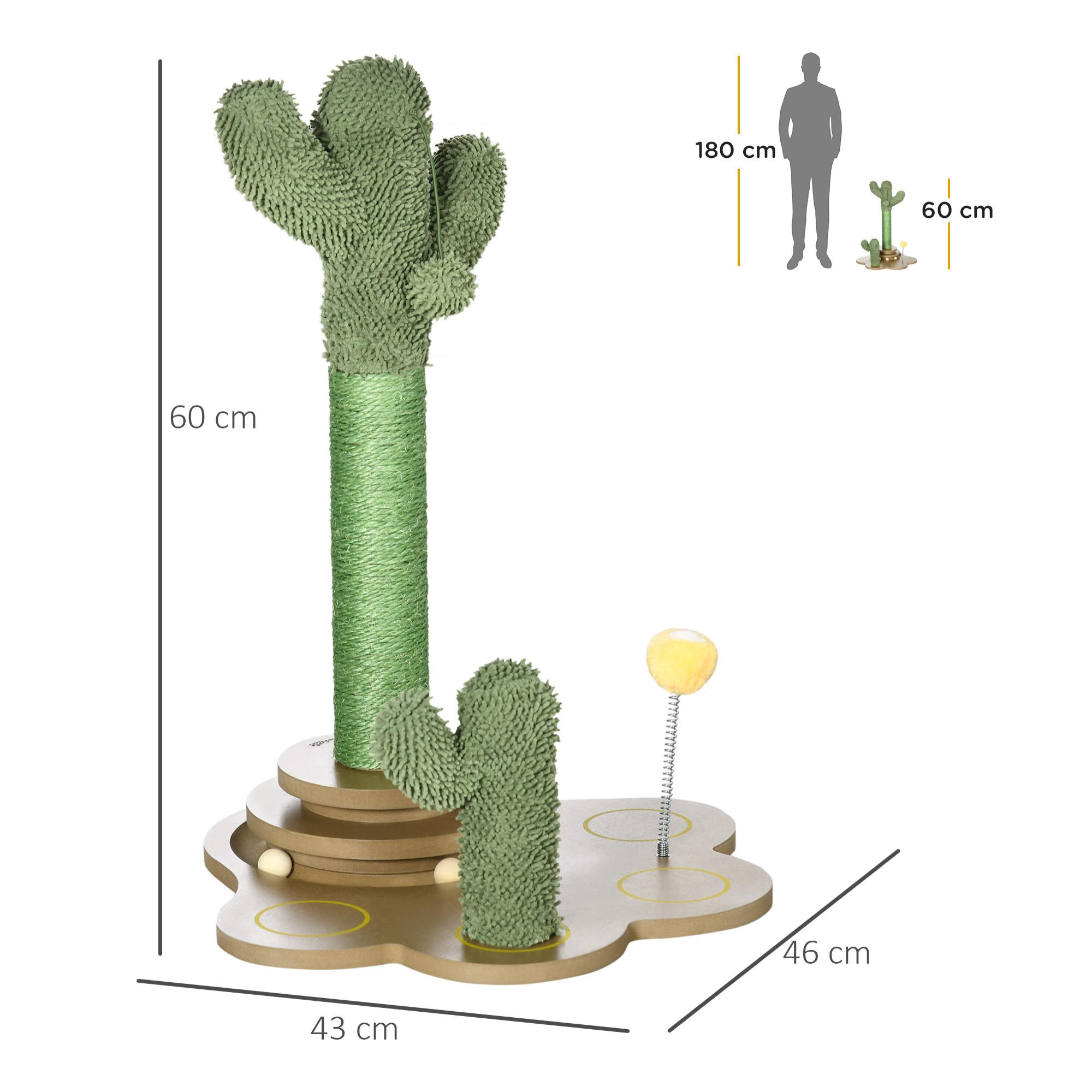 Árbol Rascador para Gatos Pequeños con Postes de Cactus Altura 60 cm Torre para Gatos de Chenilla con Juguetes de Pelotas 46x43x60 cm Verde