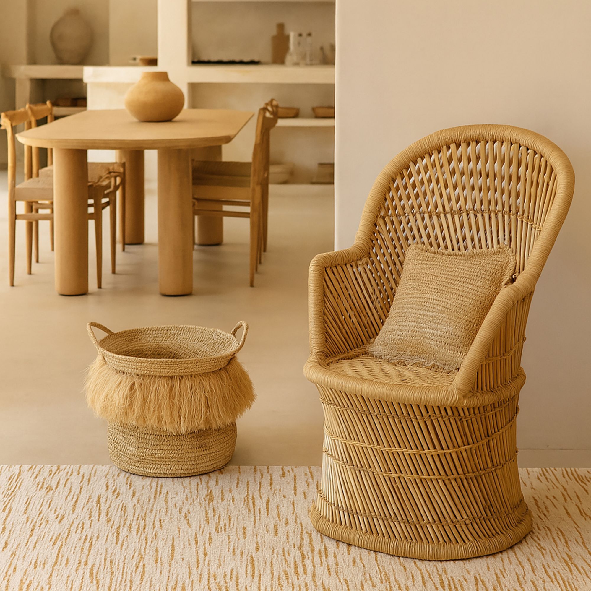 Panier à franges en raphia naturel avec anses 44cm LUYS