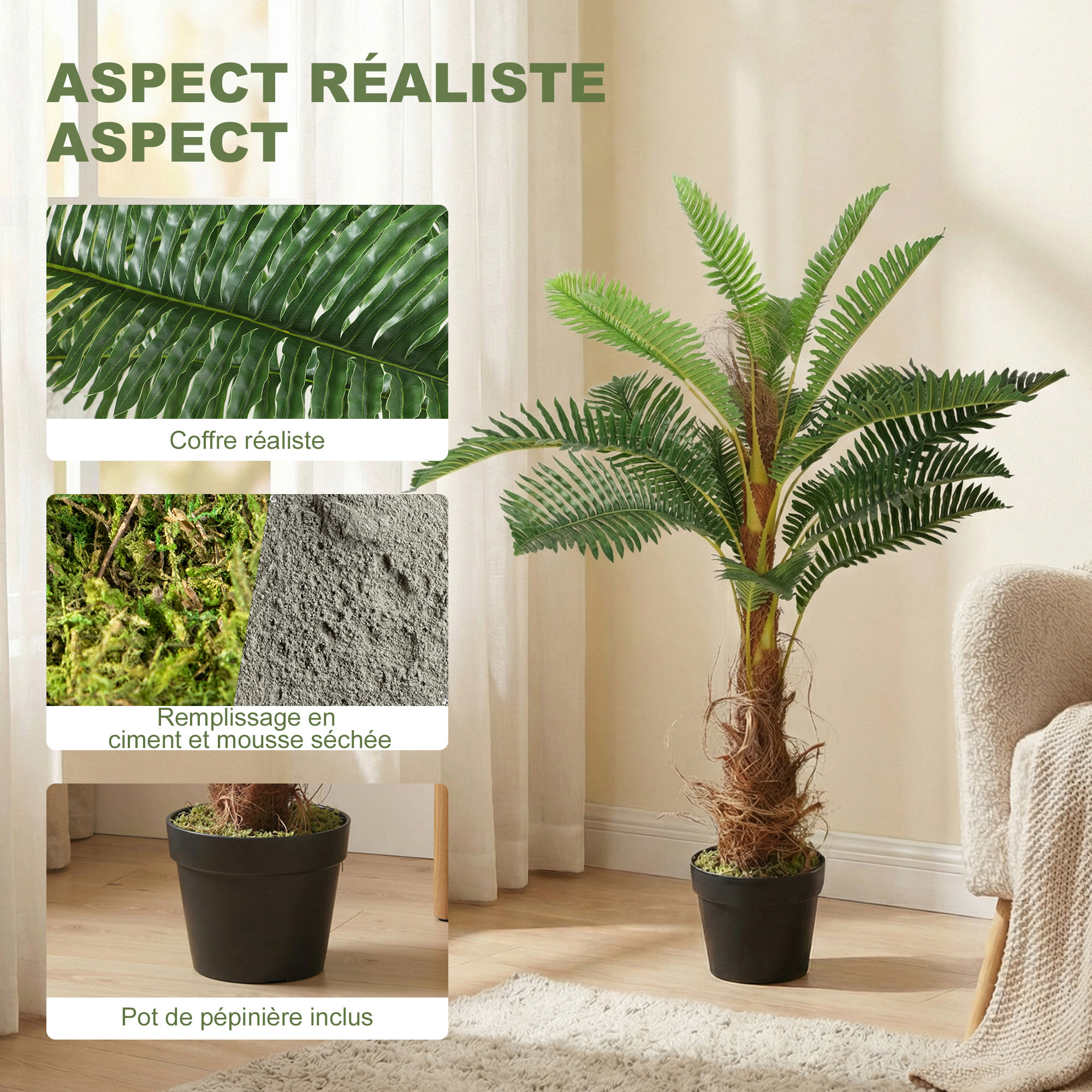 Palmier artificiel H.1 m arbre artificiel tronc branches lichen feuilles grand réalisme pot inclus