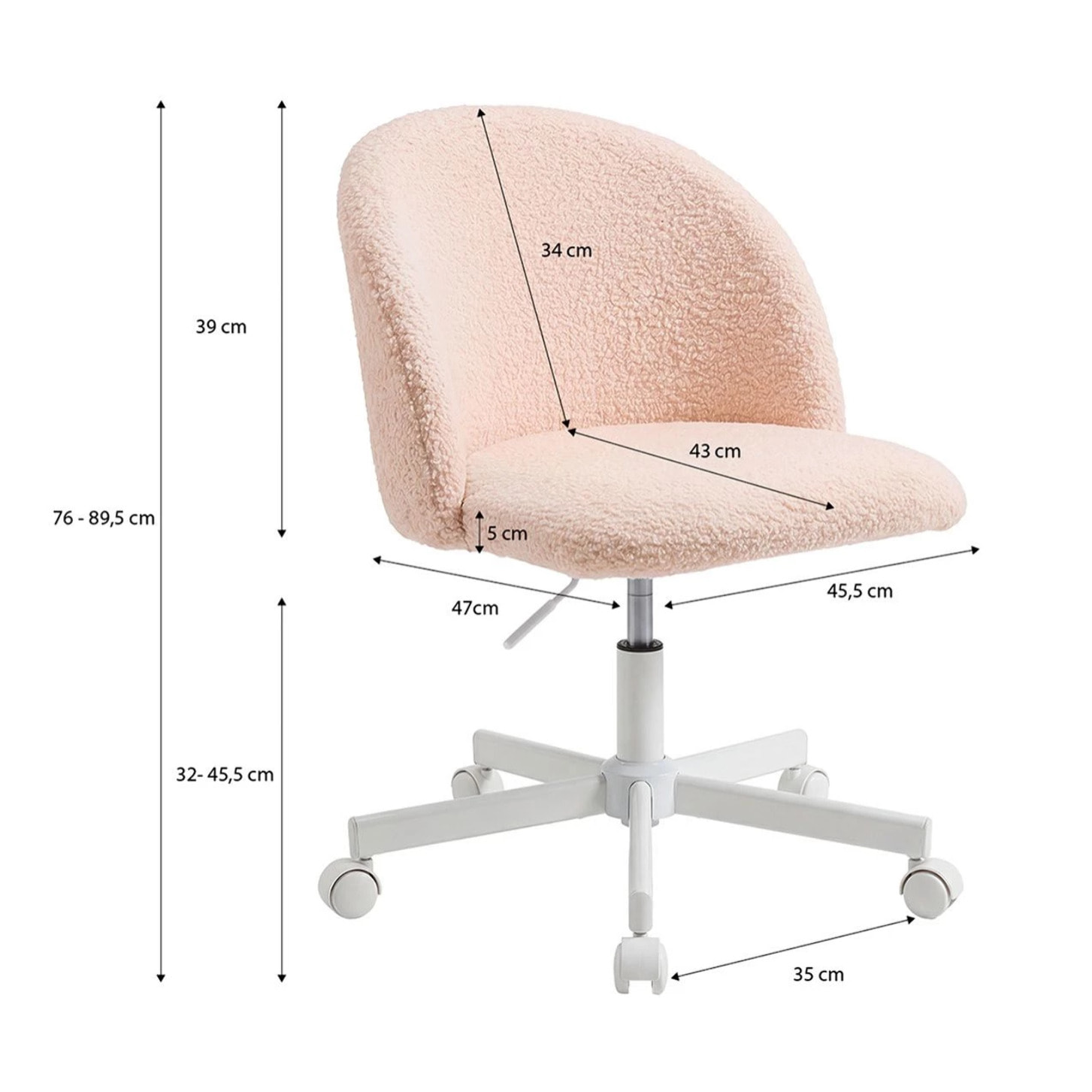 Silla de escritorio tapizada en borreguito rosa empolvado 76-89,5 cm Candy Rosa Empolvado