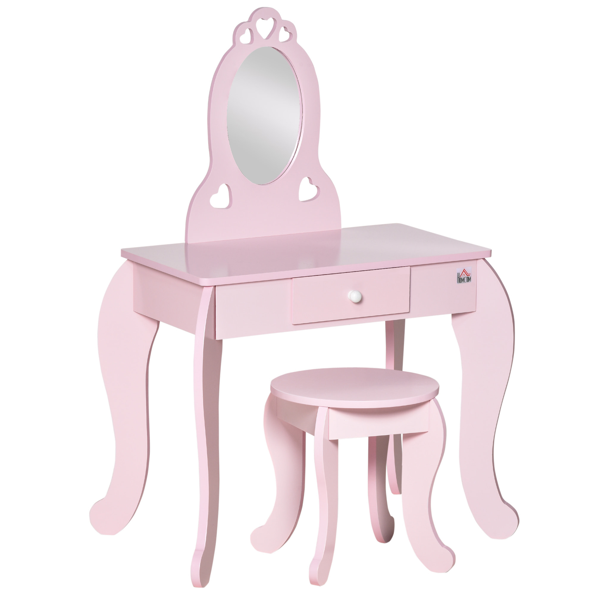 Coiffeuse enfant design girly avec motifs à coeur - tabouret inclus - dim. 60L x 36l x 88H cm - tiroir, miroir - MDF - rose