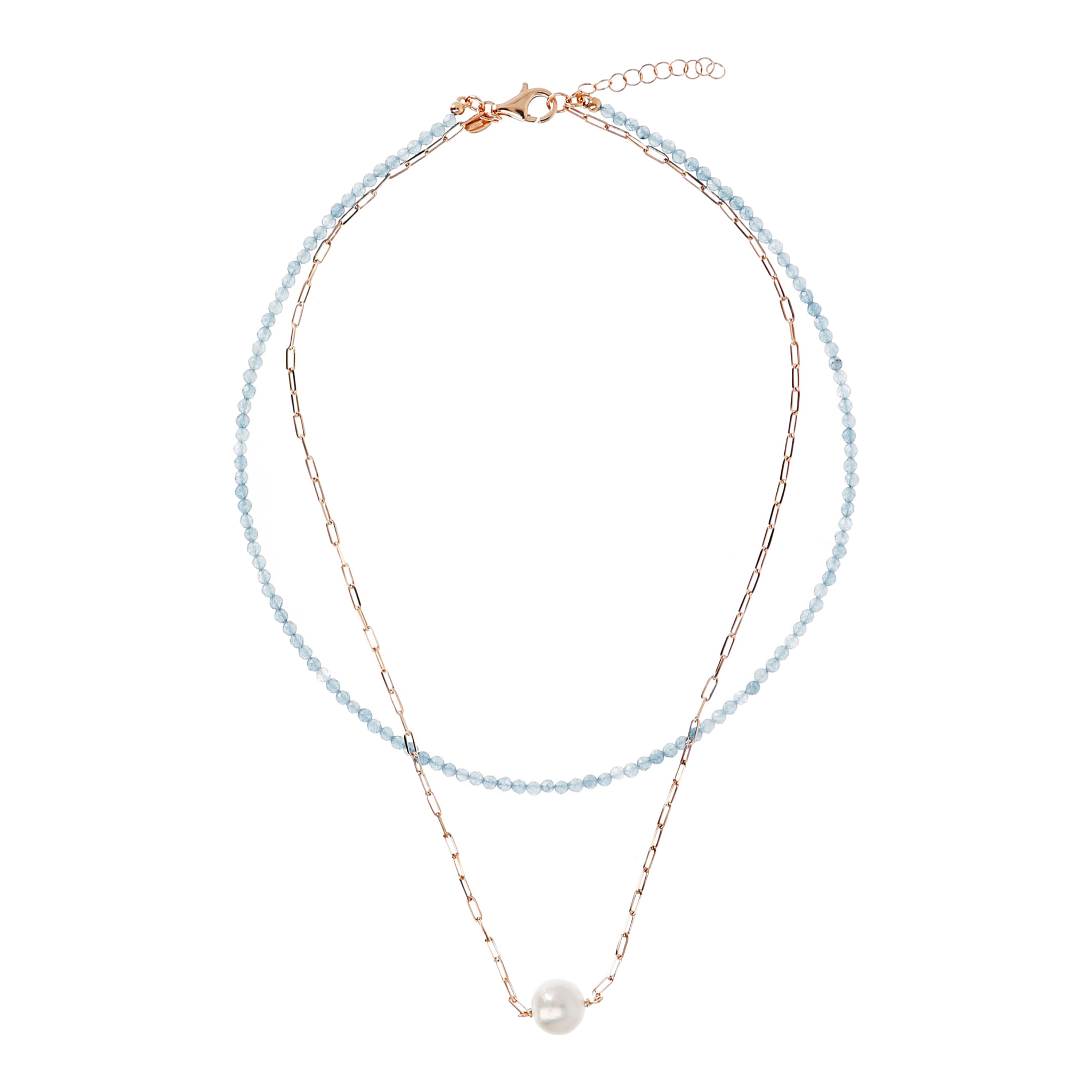 PERLAVIVA - Doppia Collana con Quarzite Cielo e Perla Ming d'Acqua Dolce Bianca Ø 11 mm in Argento 925 placcato Oro Rosa 18Kt