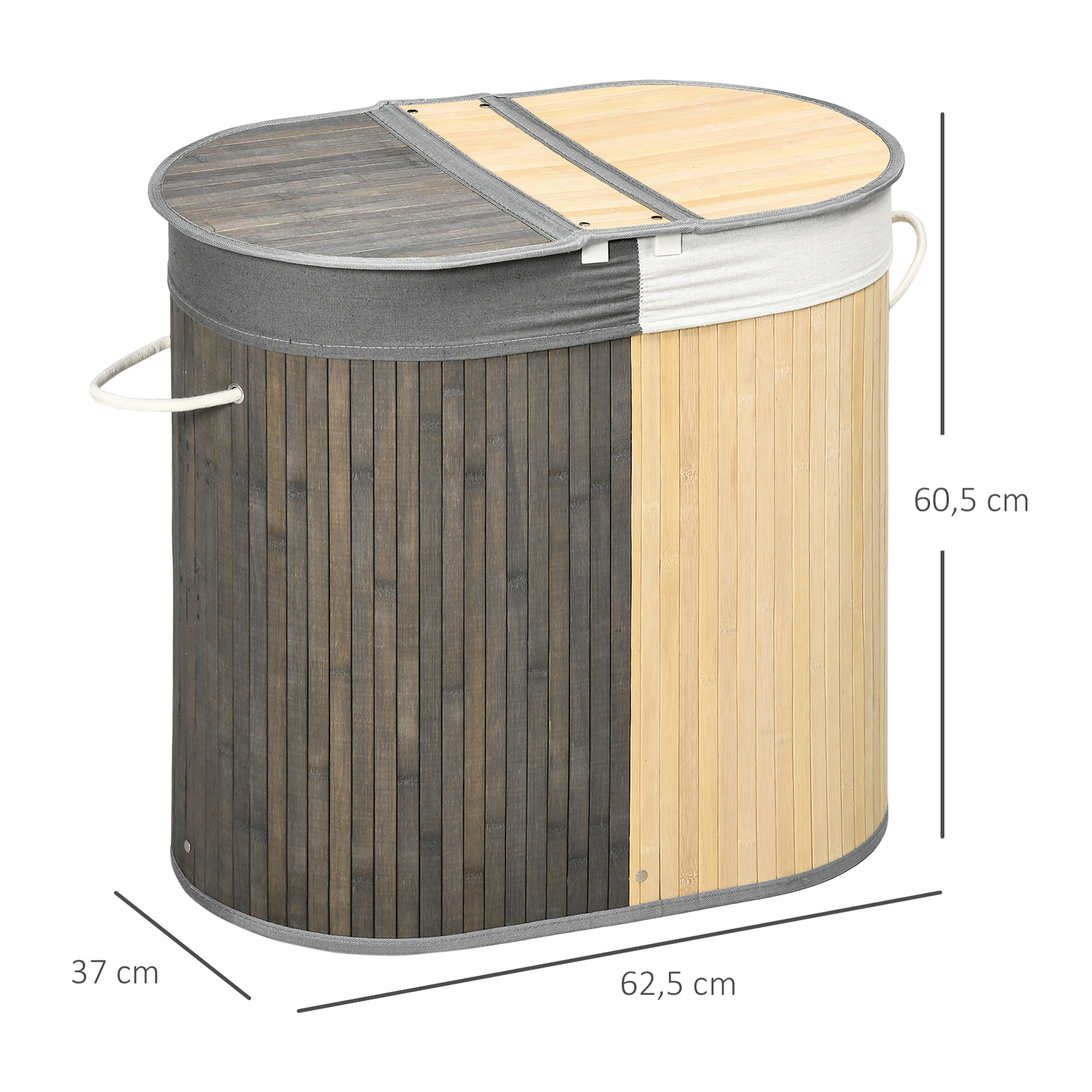 Cesto para Ropa Sucia de Bambú 100L con Tapa 2 Compartimentos 62,5x37x60,5 cm