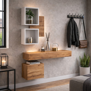 Mobile Ingresso Moderno Con Pensili A Giorno Mensole Sospese Con Cassetto E Anta Salvaspazio Design Nordico 100 x 170 x 30 Cm Bianco E Rovere