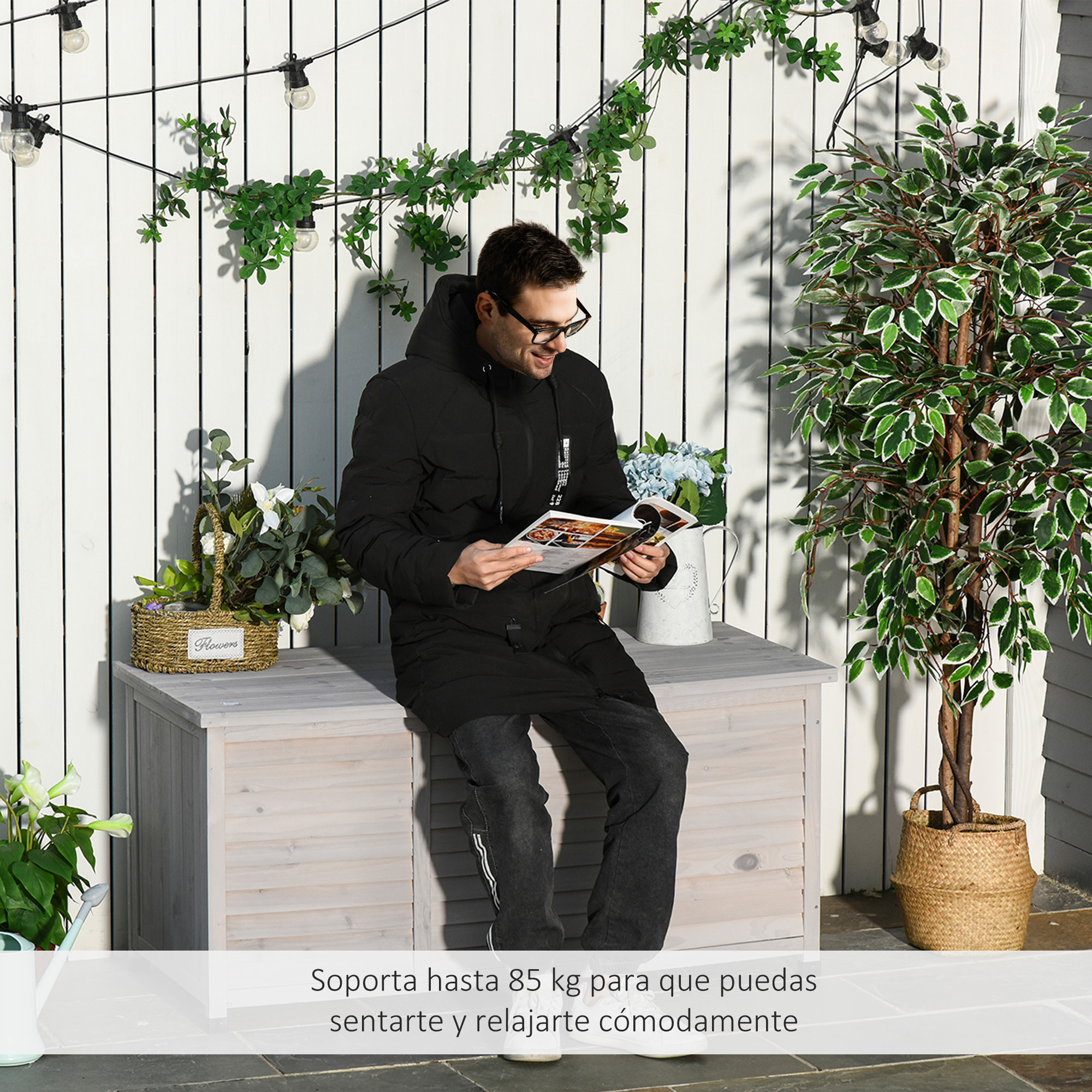 Baúl de Almacenaje Exterior 284L Arcón de Jardín de Madera Impermeable con Tapa Abrible y Diseño Persiana 127x56x60 cm Gris