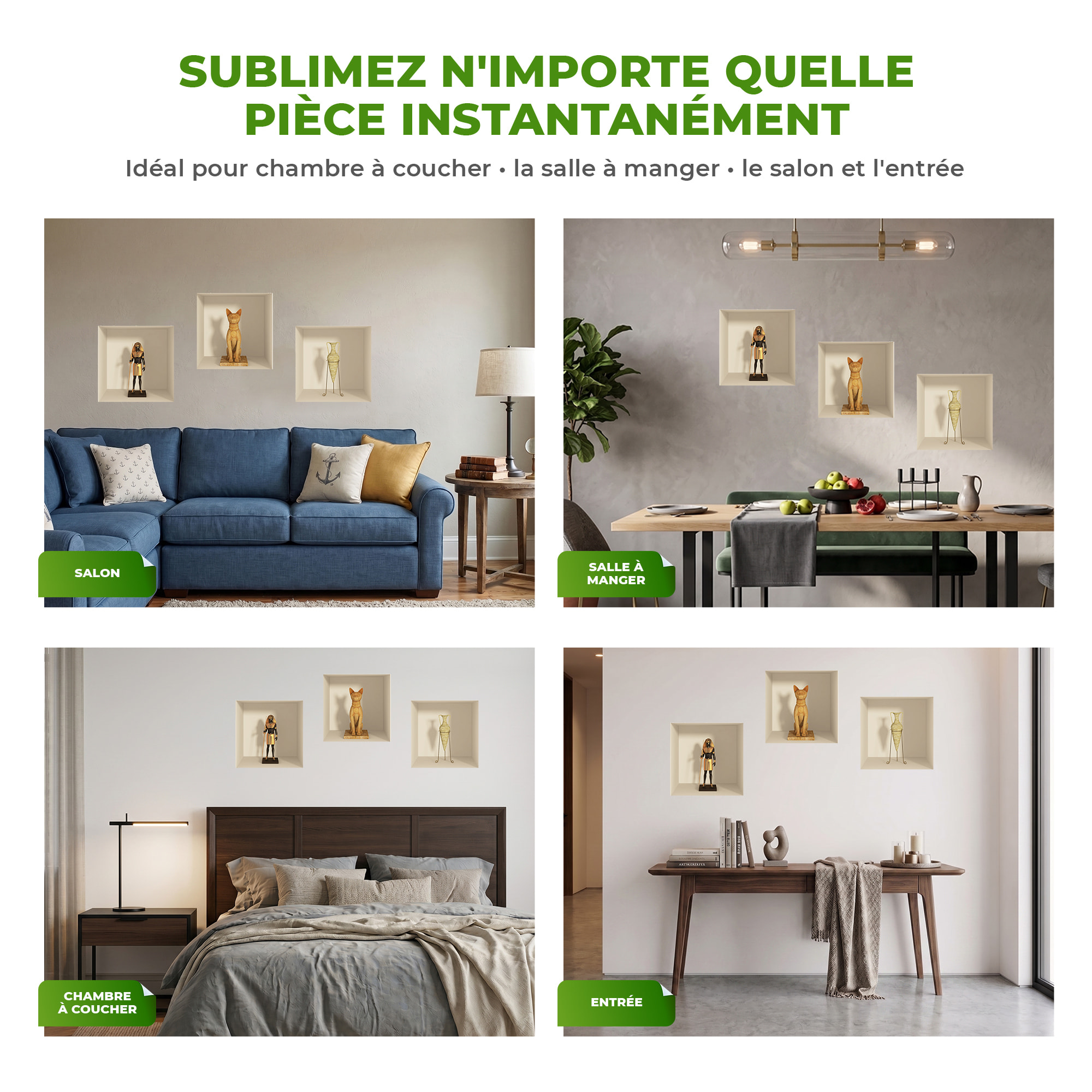Stickers muraux 3D | Sticker Mural Autocollant effet 3D Egypte statues et chiens - Stickers adhésifs 3D Chambre Salon Trompe l'oeil