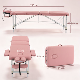 Camilla Masaje Plegable Portátil Camilla Estética Profesional de Aluminio de 3 Zonas con Respaldo Altura Ajustable 9 Niveles Reposacabezas Extraíble Reposabrazos Bolsa para Spa 215x81 cm Rosa