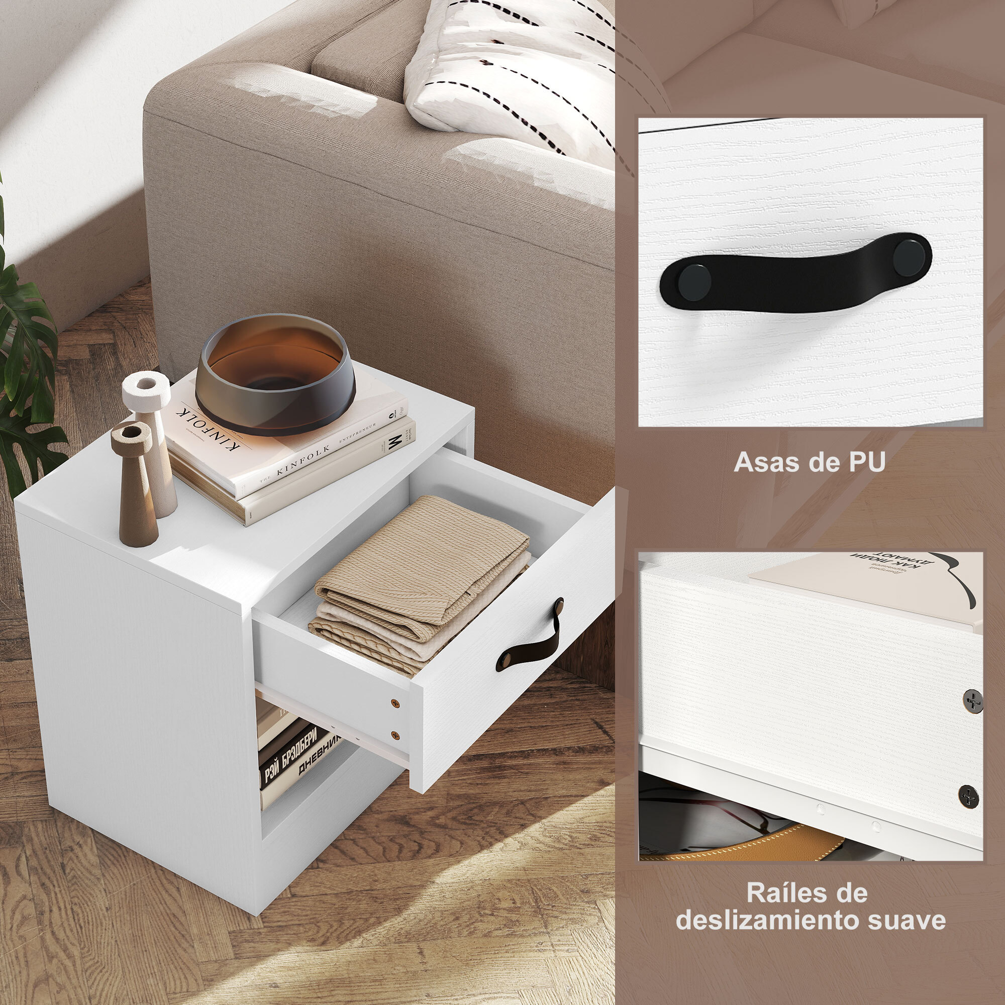 Pack de 2 Mesitas de Noche Mesillas de Noche Dormitorio Estrechas con Cajón y Compartimento Abierto para Salón 39x28x41 cm Blanco