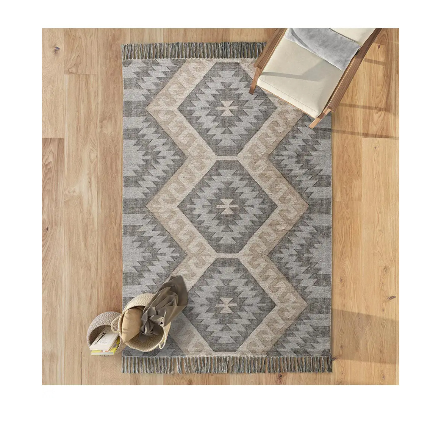 CHANDIA Alfombra kilim algodón reciclado con flecos en tonos gris, varias medidas disponibles