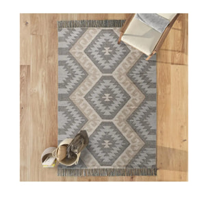 CHANDIA Alfombra kilim algodón reciclado con flecos en tonos gris, varias medidas disponibles