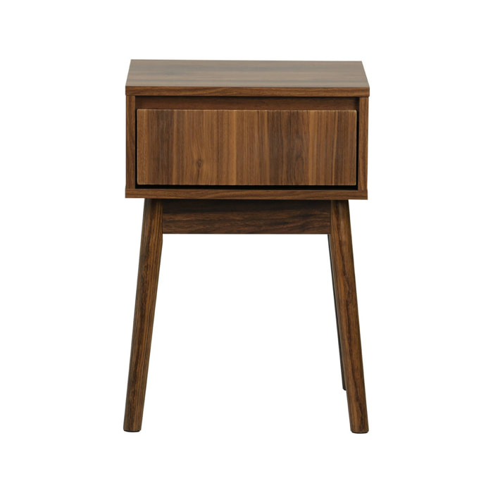 Table de chevet avec un tiroir. Panneaux stratifiés couleur noyer. Pied en bois de sapin.  L 39 x l 39 x H 55.4cm LINEAR