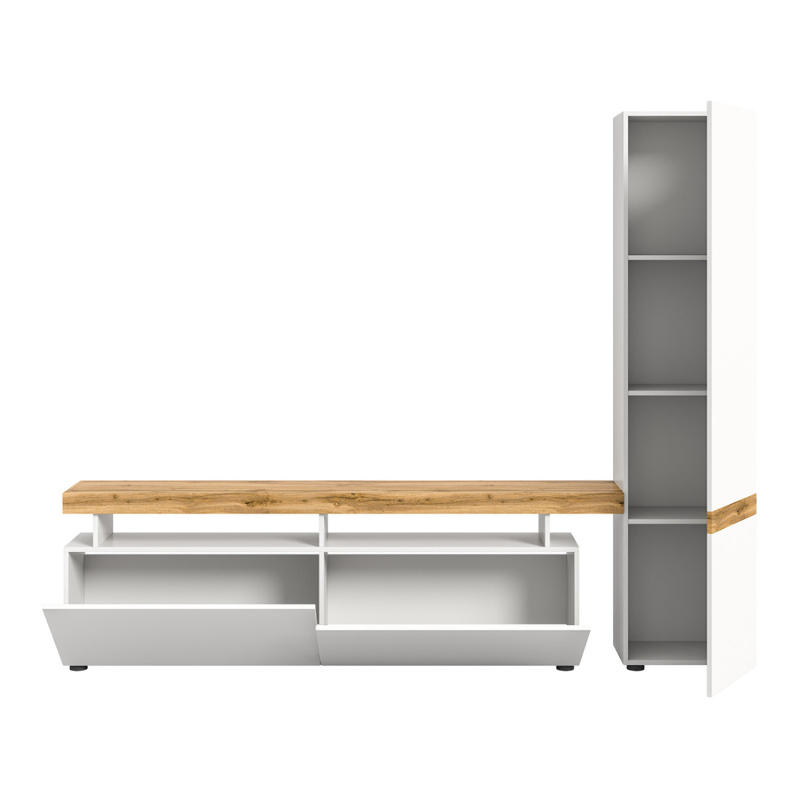 Olivier - meuble tv avec armoire - 3 portes - blanc et bois - 235x190 cm - Bois / Blanc