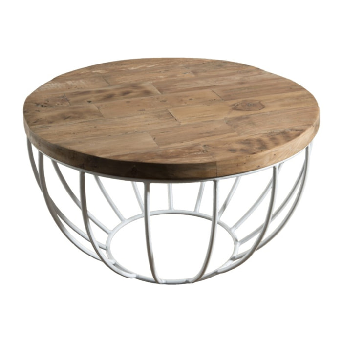 SIXTINE - Table basse coque ronde 60x60cm plateau teck recyclé piétement métal blanc