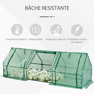 Mini serre de jardin 270L x 90l x 90H cm acier PE haute densité 140 g/m² anti-UV 3 fenêtres avec zip enroulables vert