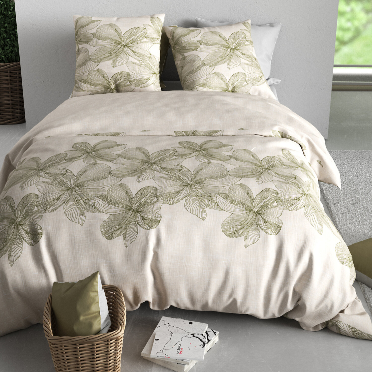 Parure housse de couette imprimé 100% coton - mila - vert