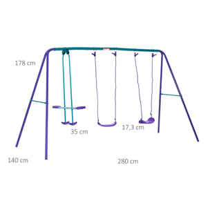 Balançoire 3 agrès portique avec 2 balançoires et face à face dim. 2,8L x 1,4l x 1,78H m métal époxy anticorrosion PE bleu lavande