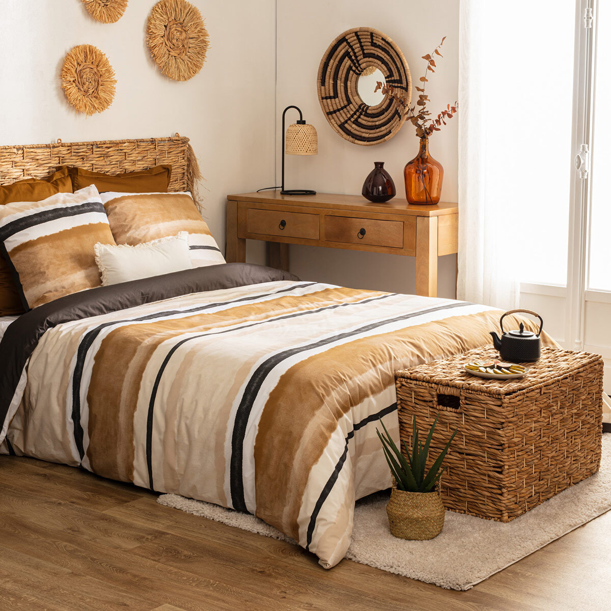 Parure de lit imprimée Hana - percale - jaune ocre - 240x220 cm
