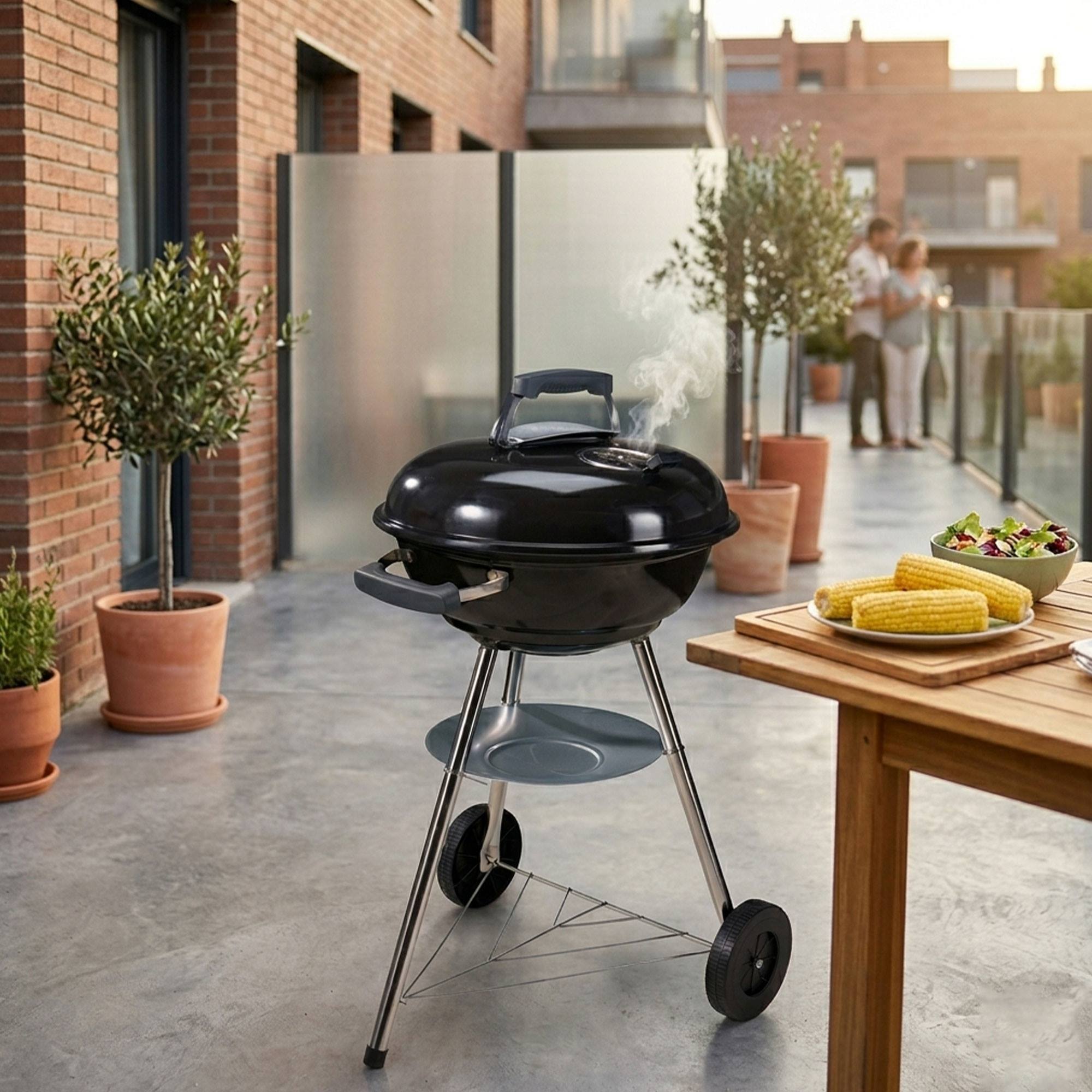 Barbacoa de Carbón con Ruedas Ø47cm - Parrilla de Acero Cromado y Rejilla para Carbón - Para Jardín, con Patas de Acero Inoxidable