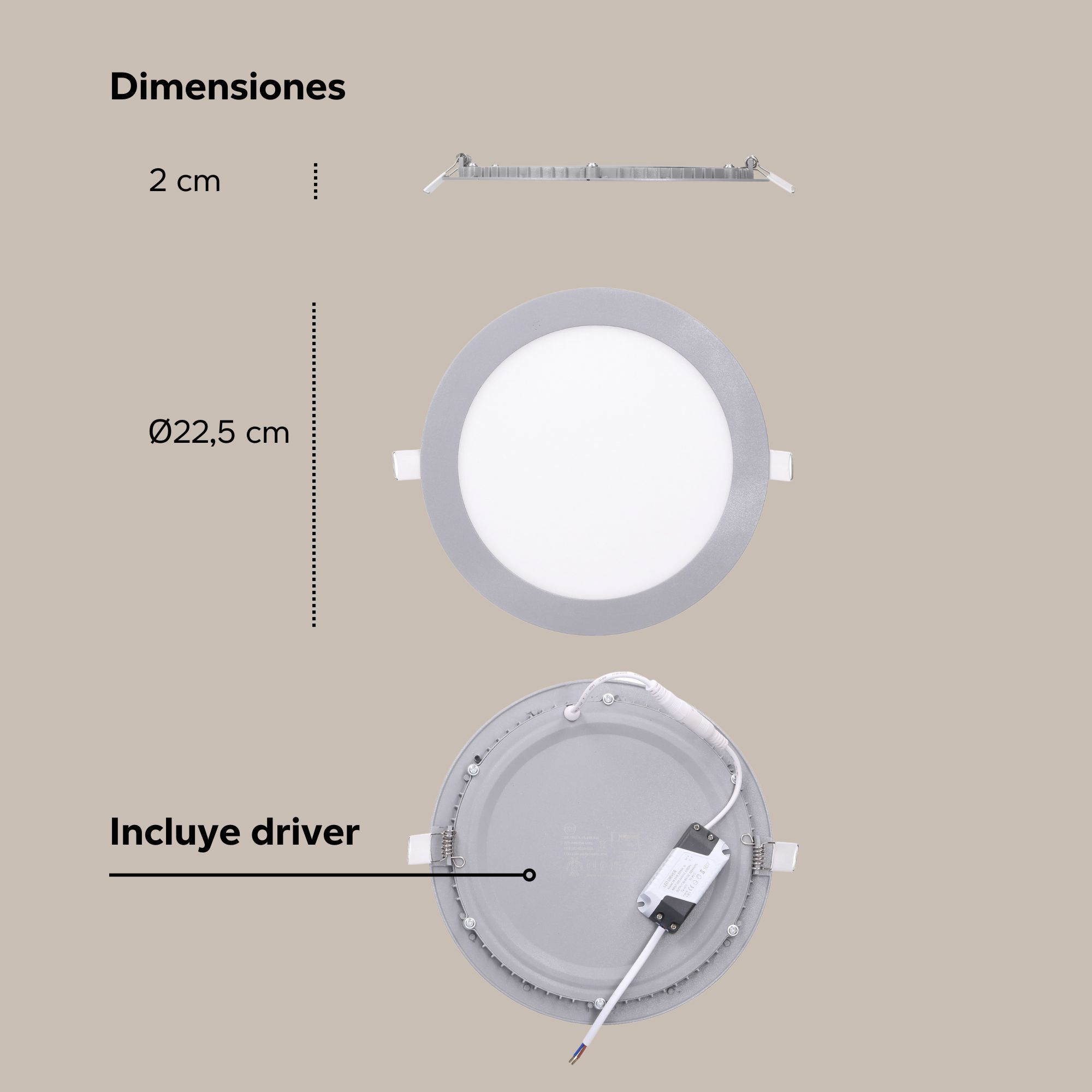 FORLIGHT Easy Circular - 5 Downlights con LED integrado 6000K para iluminar hacia abajo ON/OFF ø22,5cm Color Gris