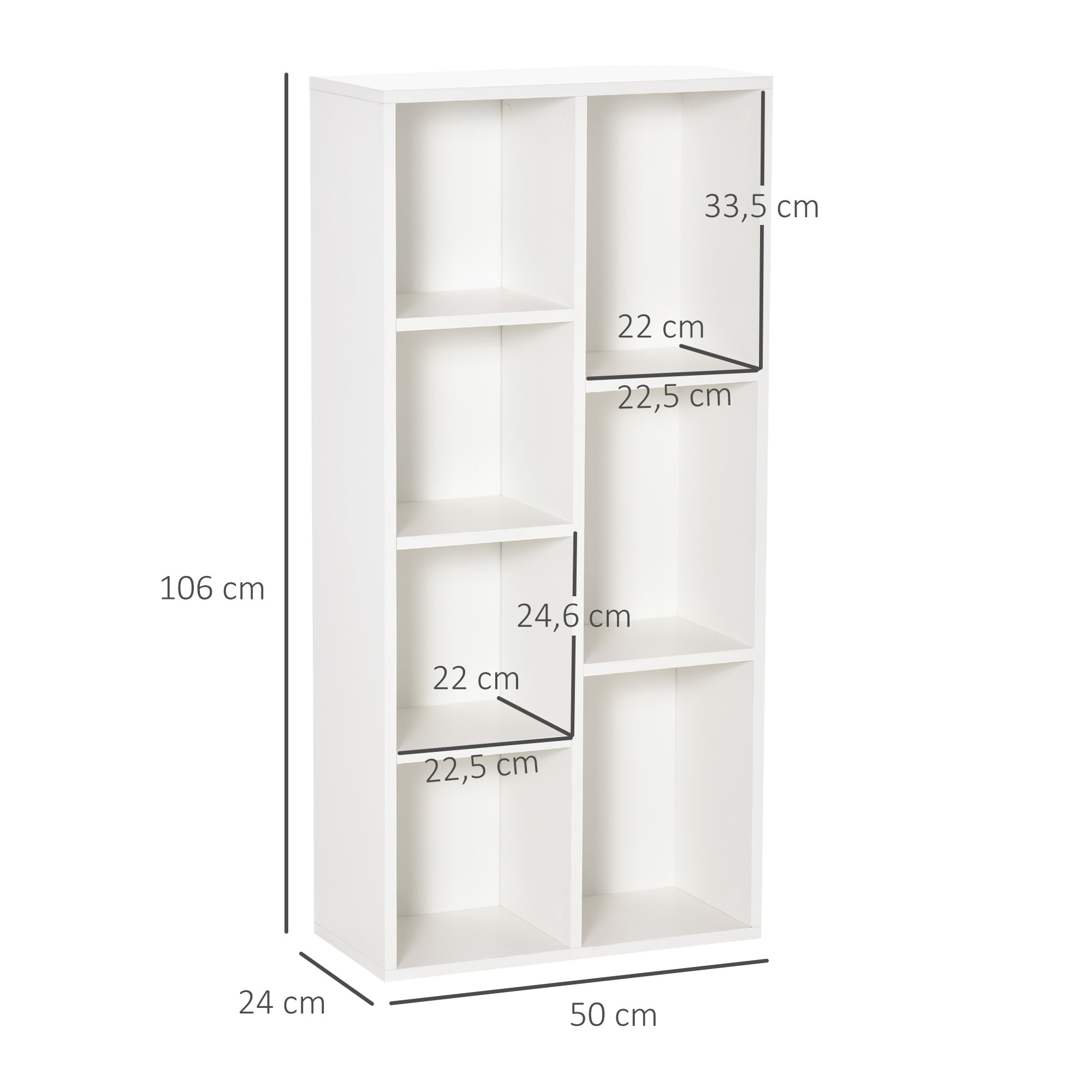 Estantería para Libros Librería de Madera con 7 Compartimentos de Almacenaje Plantas Archivos para Sala de Estar Dormitorio Oficina 50x24x106 cm Blanco