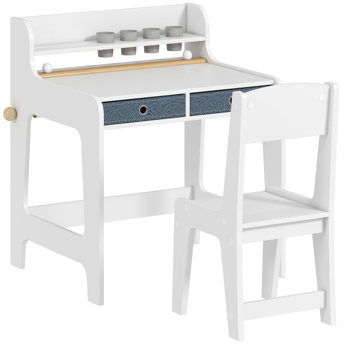 Bureau enfant avec chaise - 2 tiroirs tissu, étagère, 4 porte-gobelets, dérouleur papier - blanc