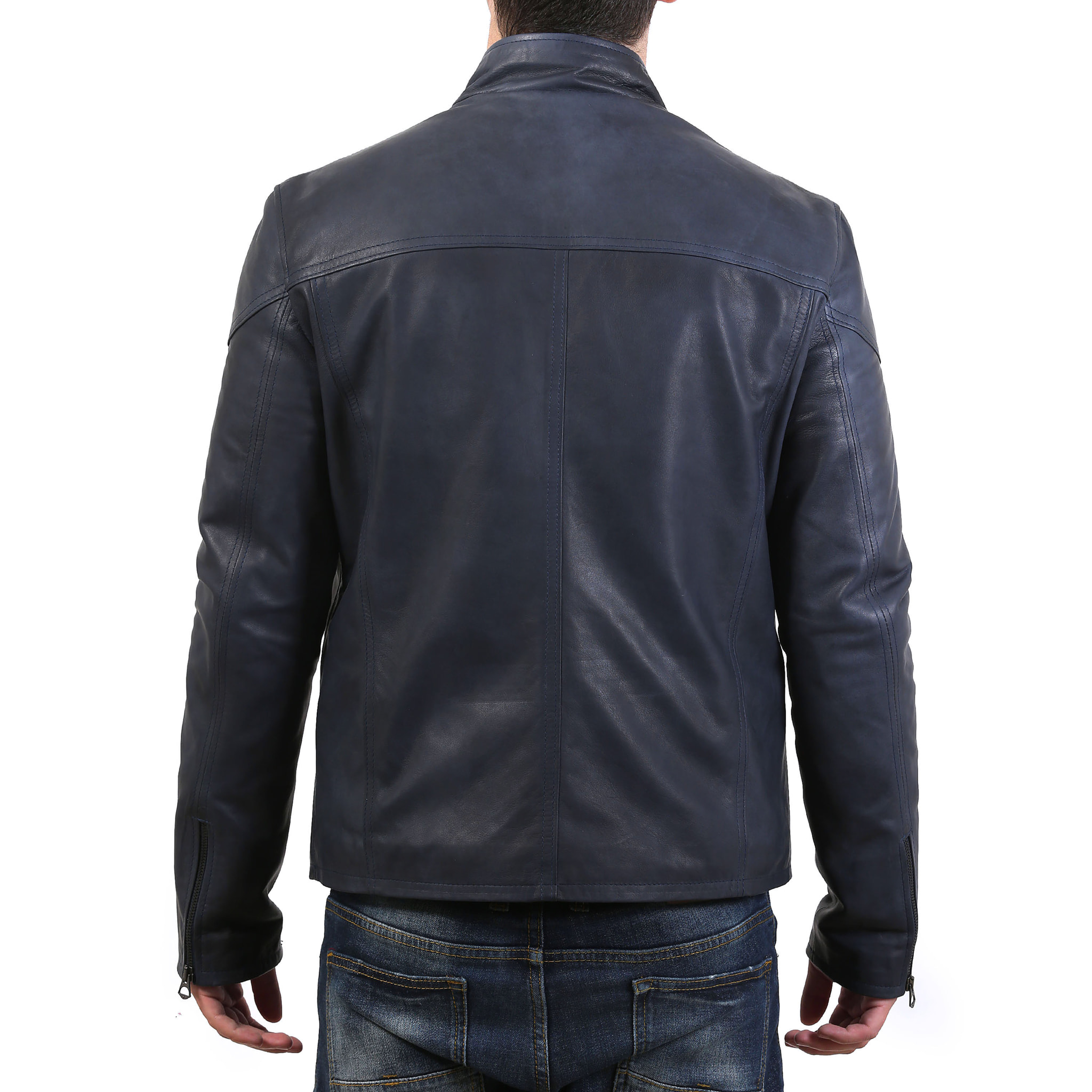 Giubbino in pelle di vitello tamponato Blu-Slim Fit