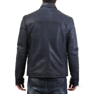 Giubbino in pelle di vitello tamponato Blu-Slim Fit