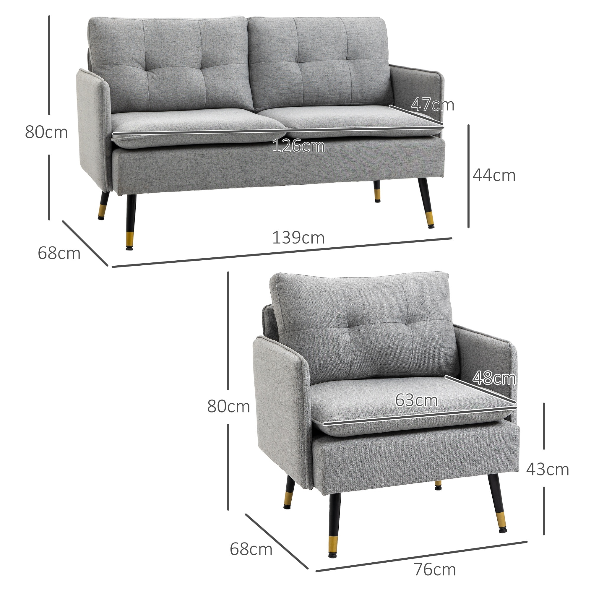 Conjunto de Sofá Incluye 1 Sofá de 2 Plazas y 1 Butaca de Salón con Reposabrazos Asiento Acolchado y Patas de Acero para Dormitorio Oficina Gris