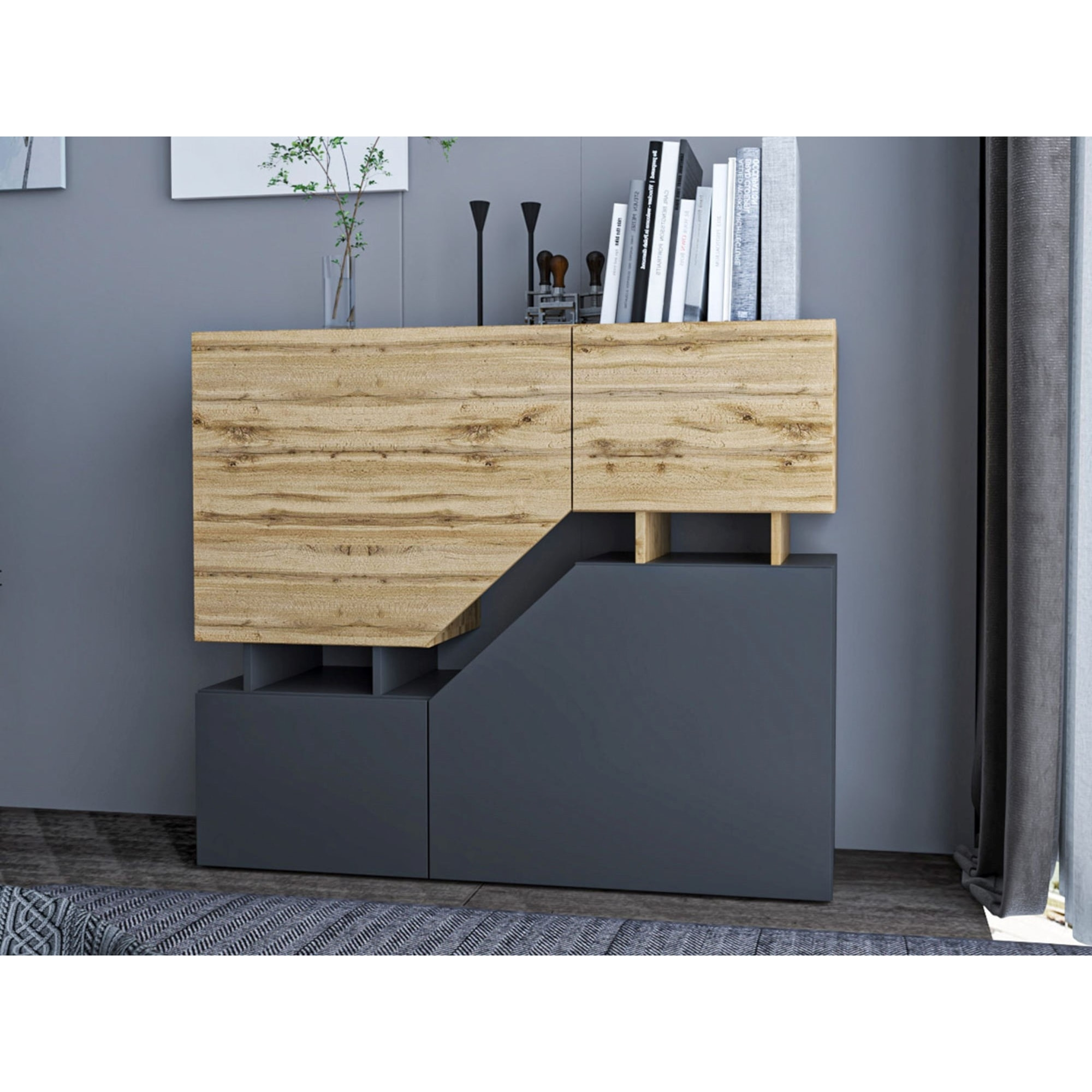 Pitt - buffet haut - 4 portes - 120 cm - Bois / Gris