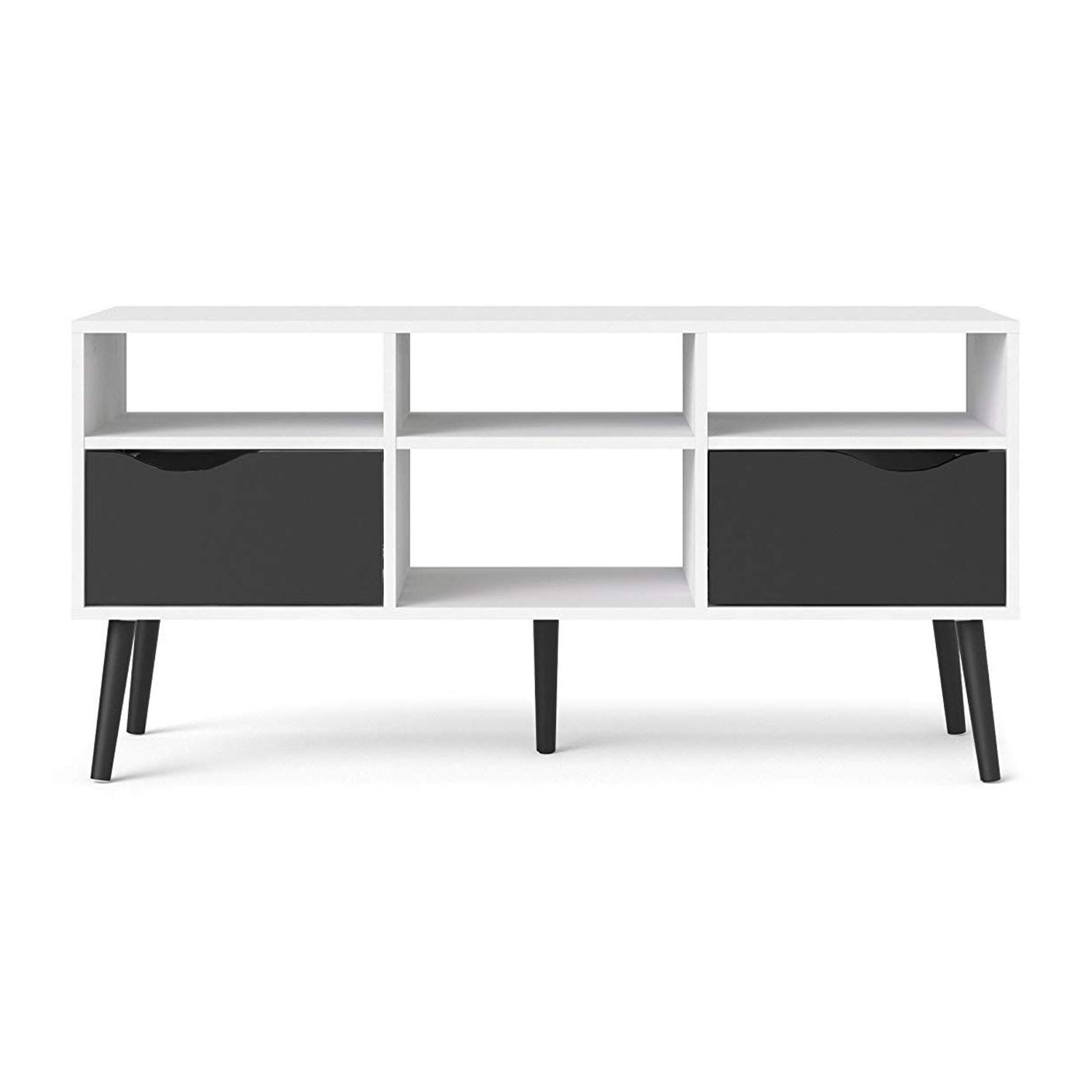 Mobile porta TV a due cassetti e scomparti aperti, colore bianco e nero, cm 117 x 57 x 39