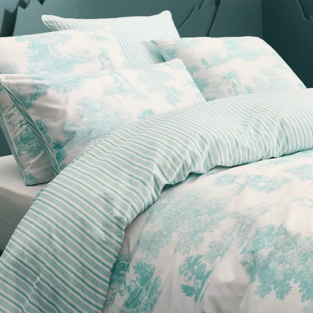 Housse de couette percale de coton imprimé bleu Poesie aqua