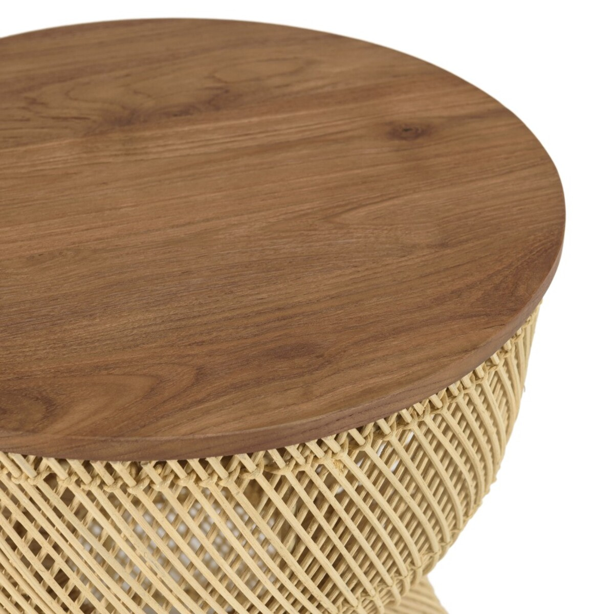 SIXTINE - Table d'appoint en rotin beige plateau en bois teck recyclé