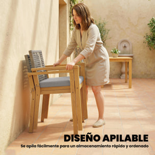 Juego de 2 Sillas de Jardín Exterior de Madera, Sillas de Jardín Apilables con Cojines Desmontables, Brazos, Respaldo de Ratán PE, Carga 160 kg, para Terraza, 59x55x86 cm, Madera Natural