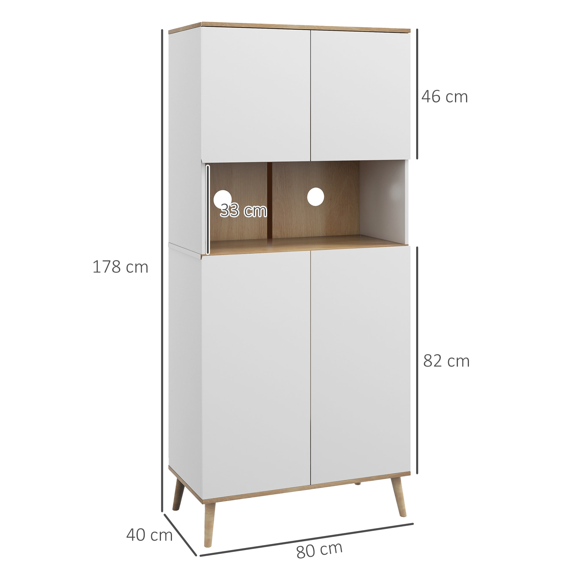 Alacena de Cocina Mueble Auxiliar de Cocina con 4 Puertas Encimera para Microondas Estantes Ajustables Orificio de Cable y Patas de Madera Estilo Moderno Blanco 80x40x178 cm