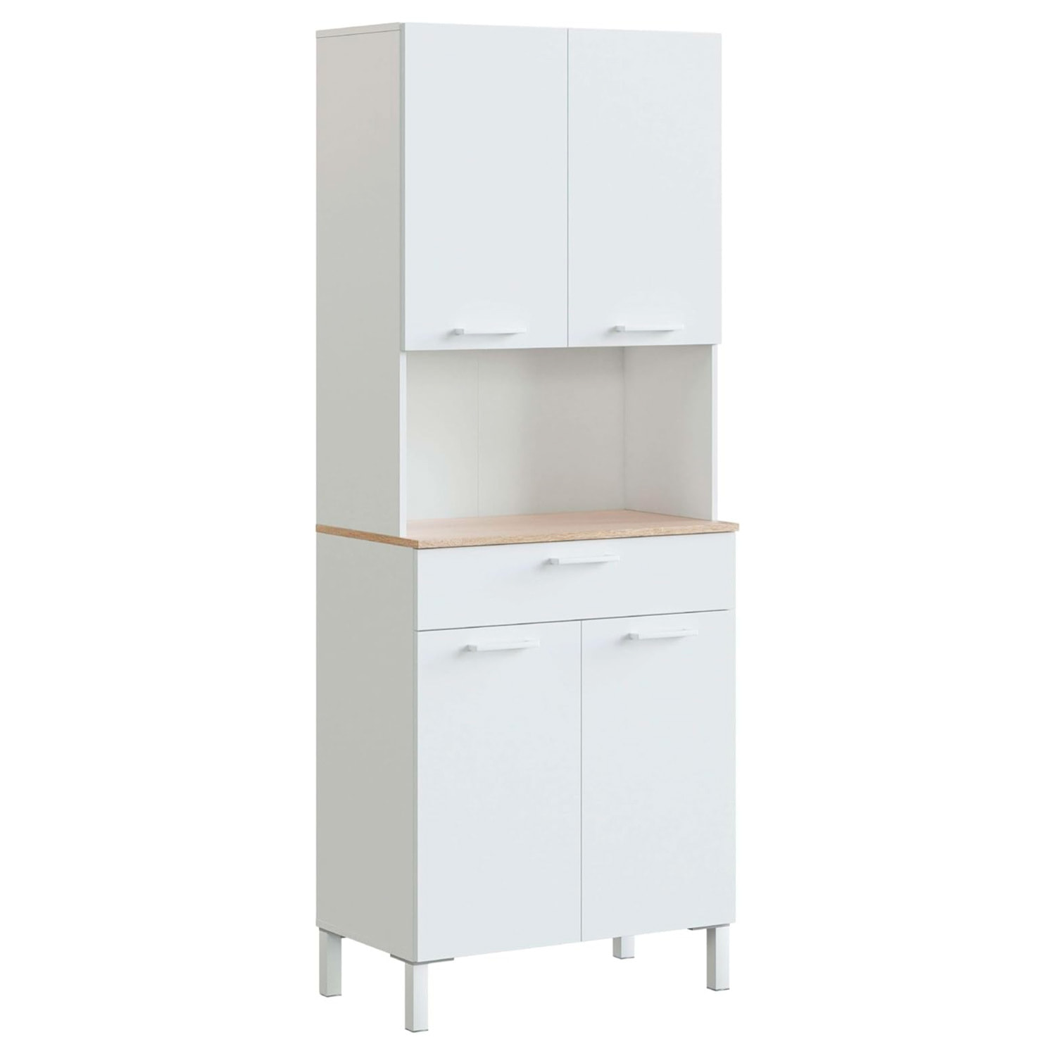 Mobile Ausiliario Da Cucina Mobiletto Con Vano Microonde Credenza Alta con 4 Ante e 1 Cassetto Madia Dispensa 186 x 72 x 40 Cm Bianco E Rovere