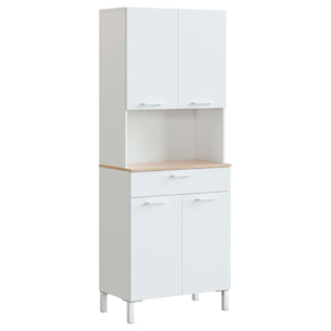 Mobile Ausiliario Da Cucina Mobiletto Con Vano Microonde Credenza Alta con 4 Ante e 1 Cassetto Madia Dispensa 186 x 72 x 40 Cm Bianco E Rovere
