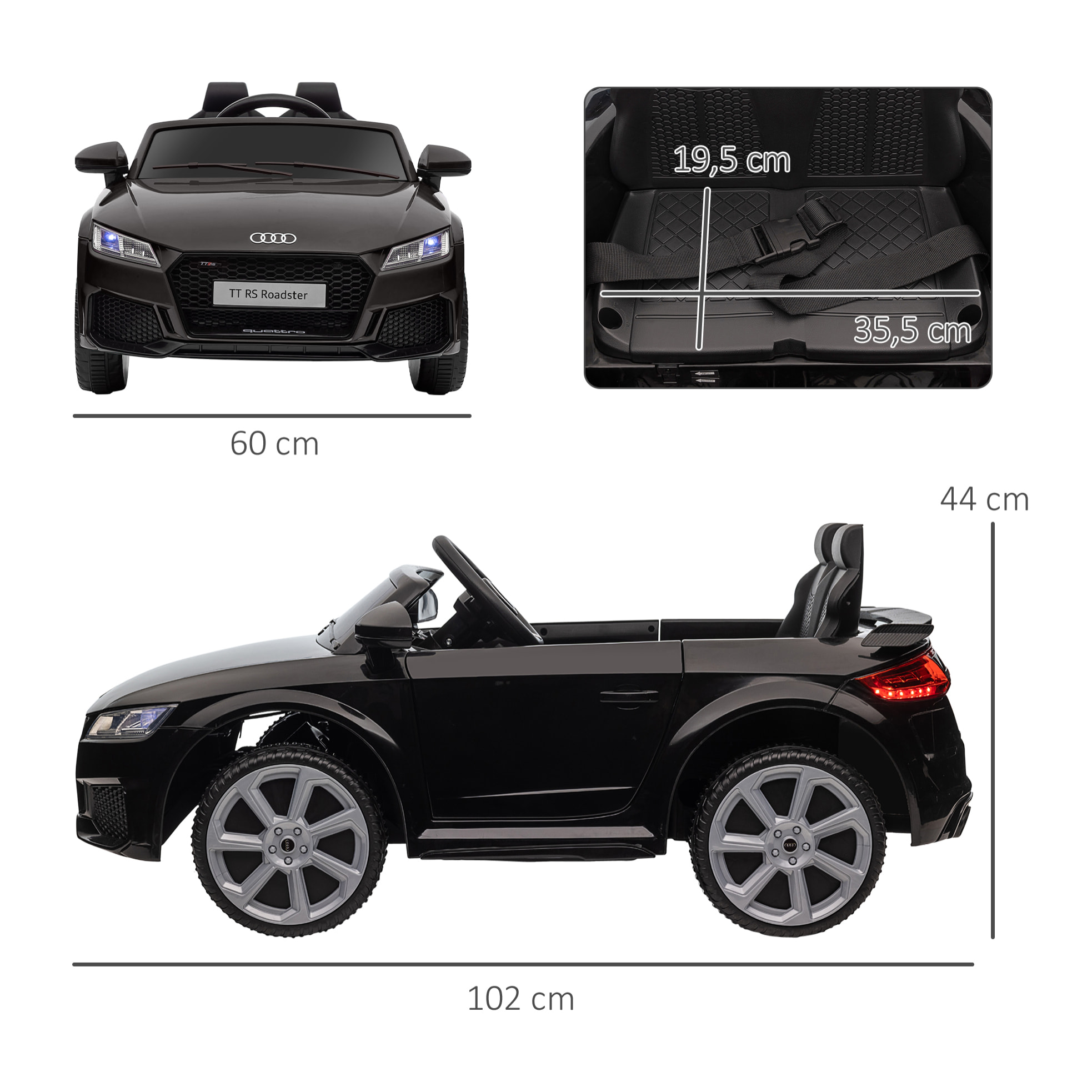 Audi TT Eléctrico Infantil Coche Juguete Niño 3 Años+ con Mando a Distancia con Música y Luces Modos de Aprendizaje Batería 12V Doble Apertura de Puerta 102x60x44 cm Negro