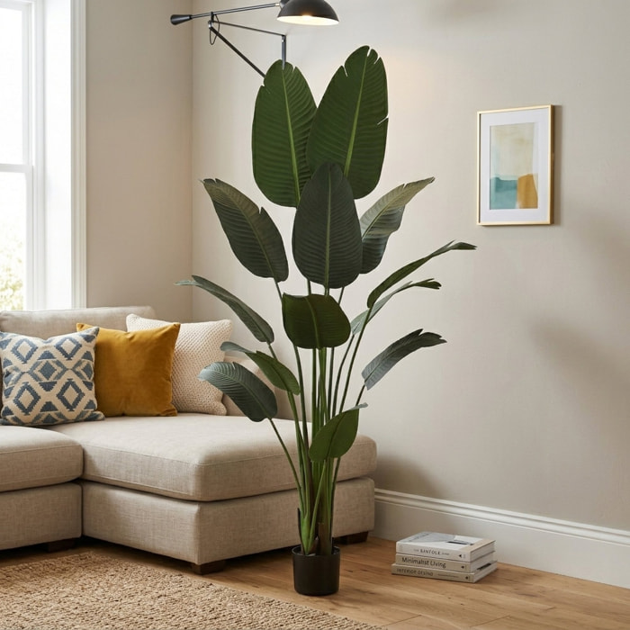 Palmera Platanera Artificial de 180cm - Planta tropical Banano grande con Hojas realistas y Maceta negra para Interior