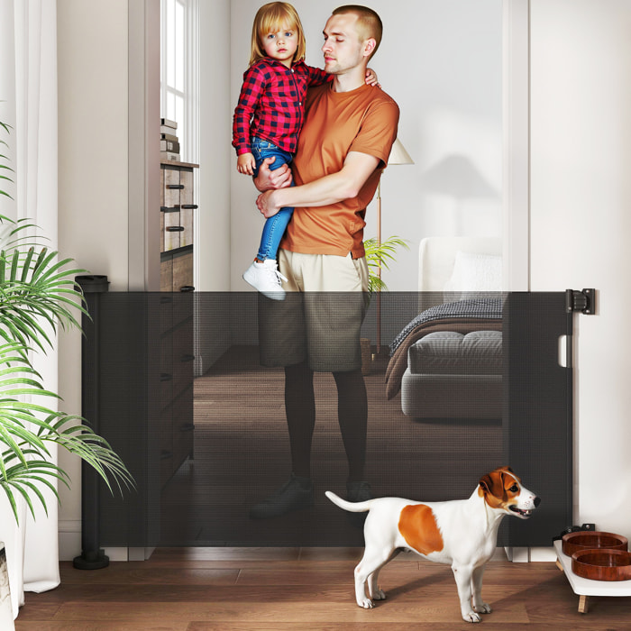 Barrera de Seguridad para Perros Retráctil 0-136 cm Puerta para Perros Pequeños Extensible con Interruptor de Cierre Red de Seguridad para Pasillos Escaleras Interiores y Exteriores